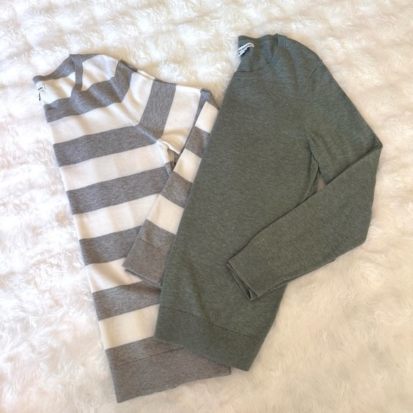 Soft Lightweight Sweaters - Gray and Cream Striped & Sage Green Sweater Set - Picture 1 of 7